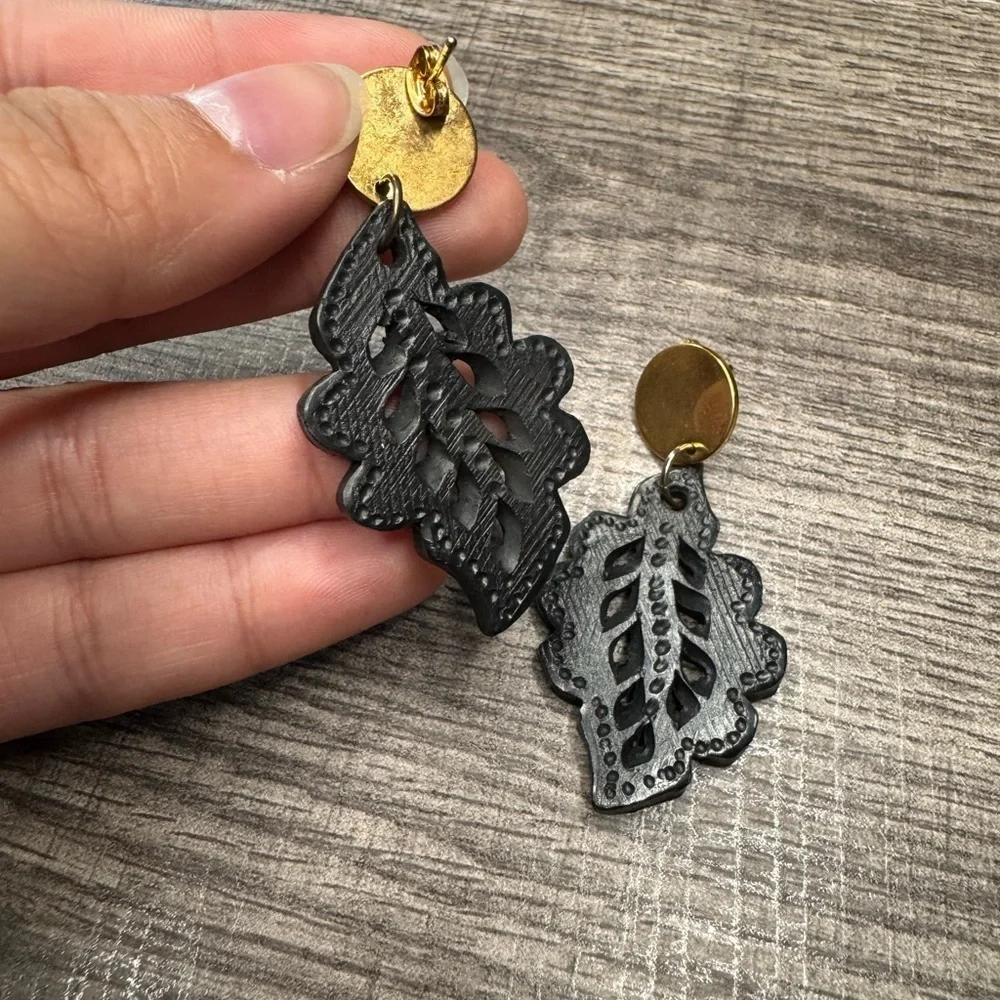 Black clay Black and Gold Leaf Earrings
